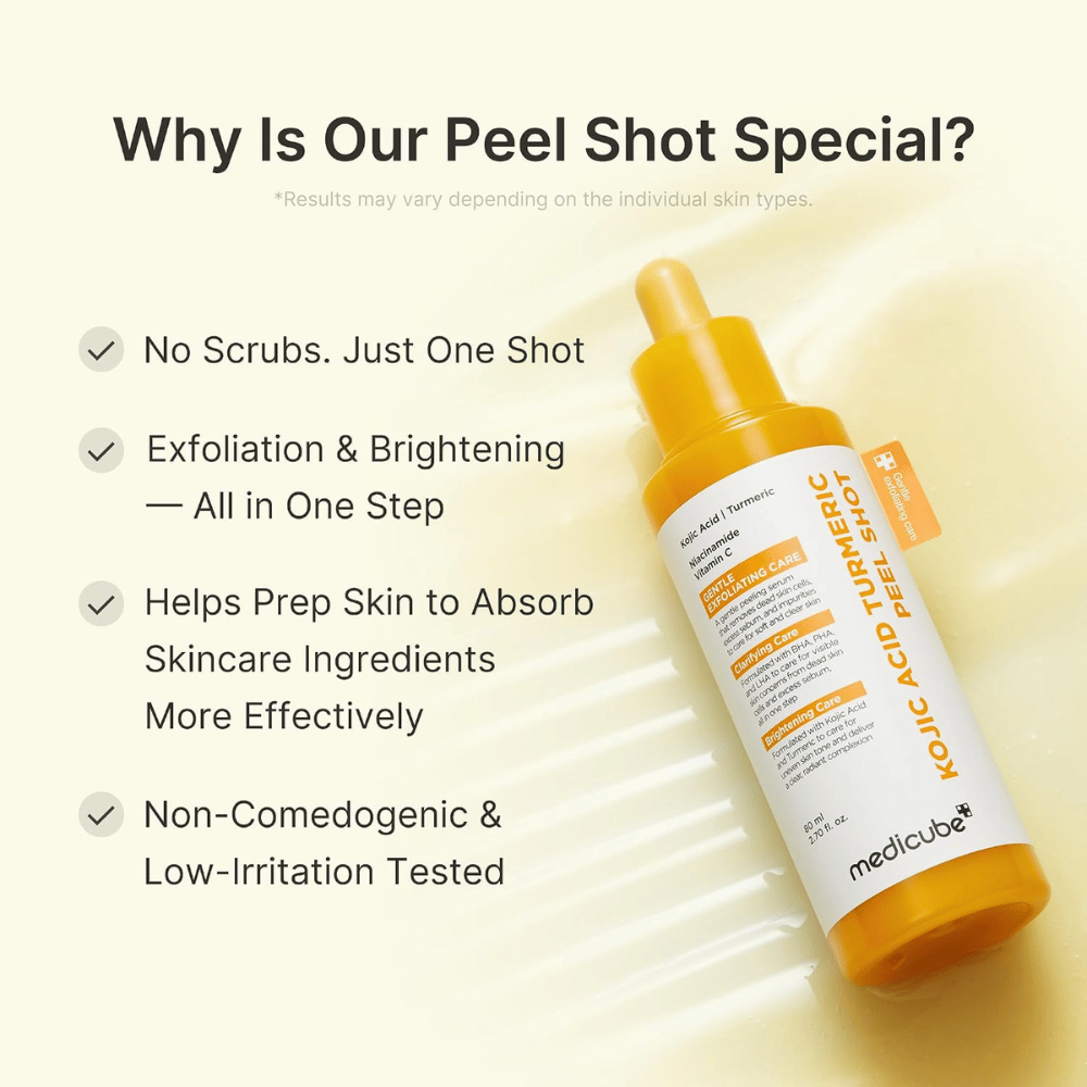 Medicube Kojic Acid Turmeric Peel Shot – peeling viso esfoliante con acido cogico e curcuma per un incarnato più uniforme, luminosità e pelle più liscia.