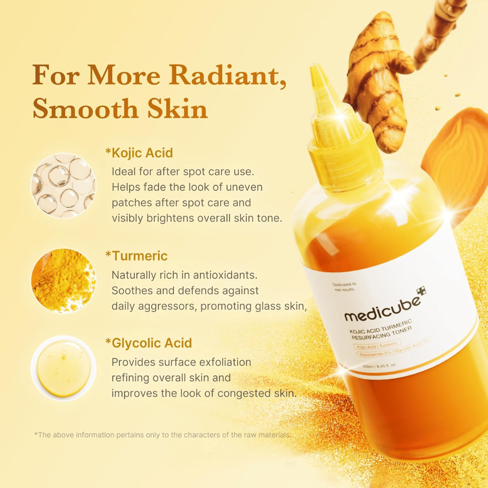 Immagine degli ingredienti per Medicube Kojic Acid Turmeric Resurfacing Toner con focus su acido cogico, curcuma e acido glicolico per esfoliazione, luminosità e incarnato più uniforme.