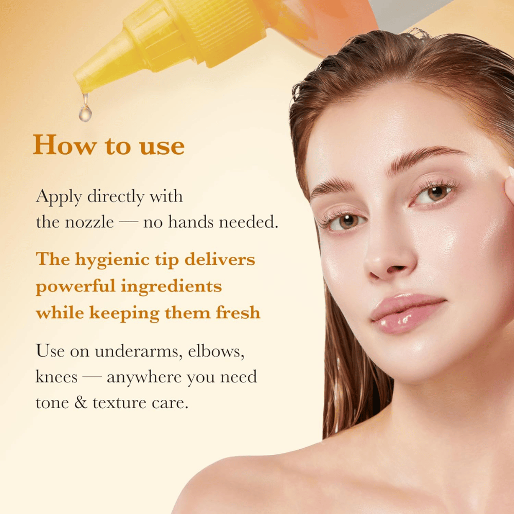Immagine d’uso per Medicube Kojic Acid Turmeric Resurfacing Toner che mostra un’applicazione igienica direttamente con l’applicatore a punta per la cura del tono e della texture della pelle, ad esempio su gomiti e ginocchia.