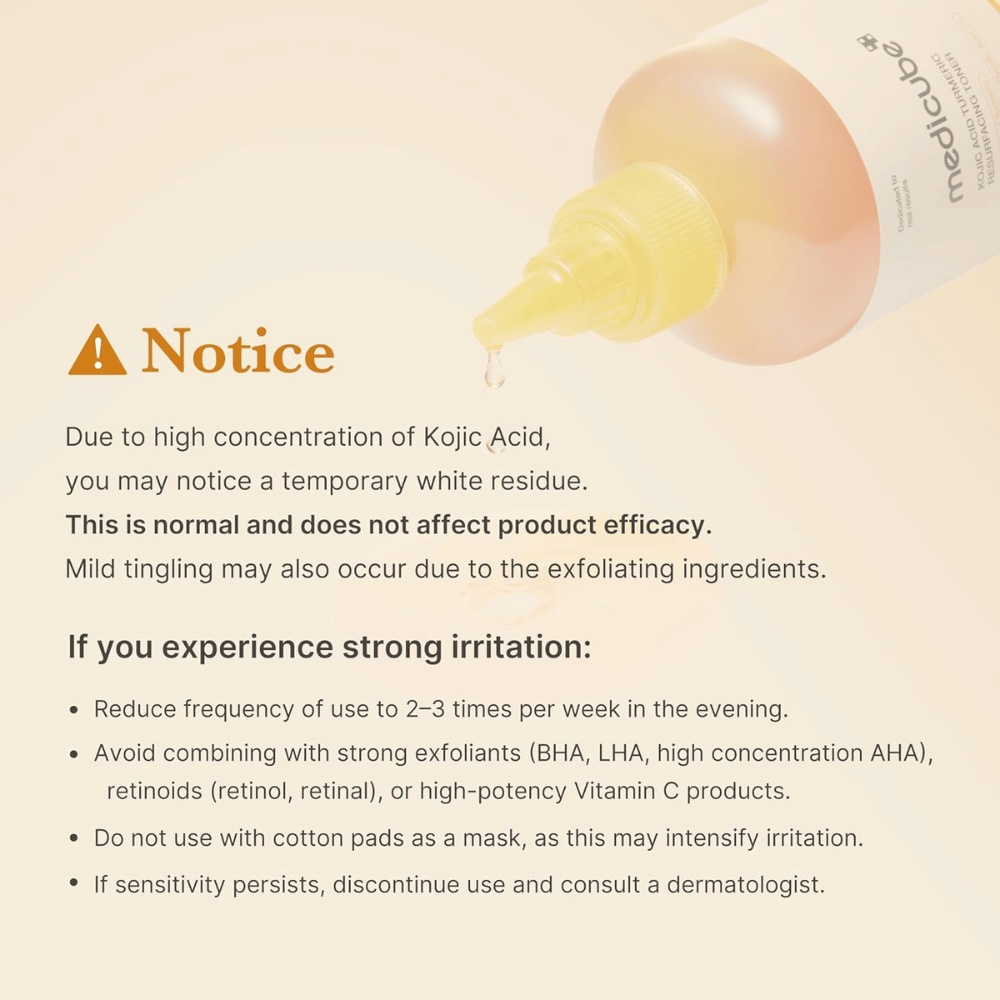 Immagine informativa per Medicube Kojic Acid Turmeric Resurfacing Toner con importanti informazioni d’uso su acido cogico, esfoliazione e su come ridurre l’irritazione in caso di pelle sensibile.