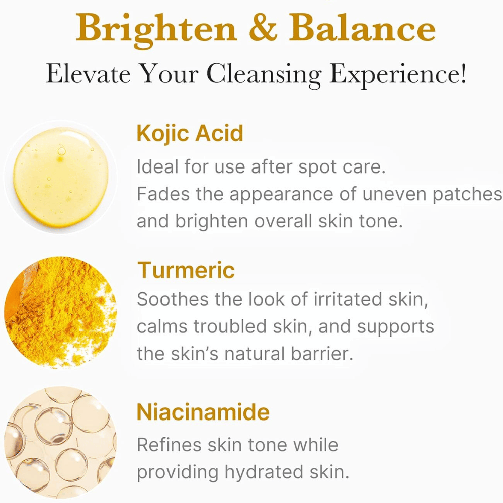 Medicube Kojic Acid Turmeric Toning Cleanser con acido cogico, curcuma e niacinamide. Panoramica degli ingredienti per un incarnato più uniforme.