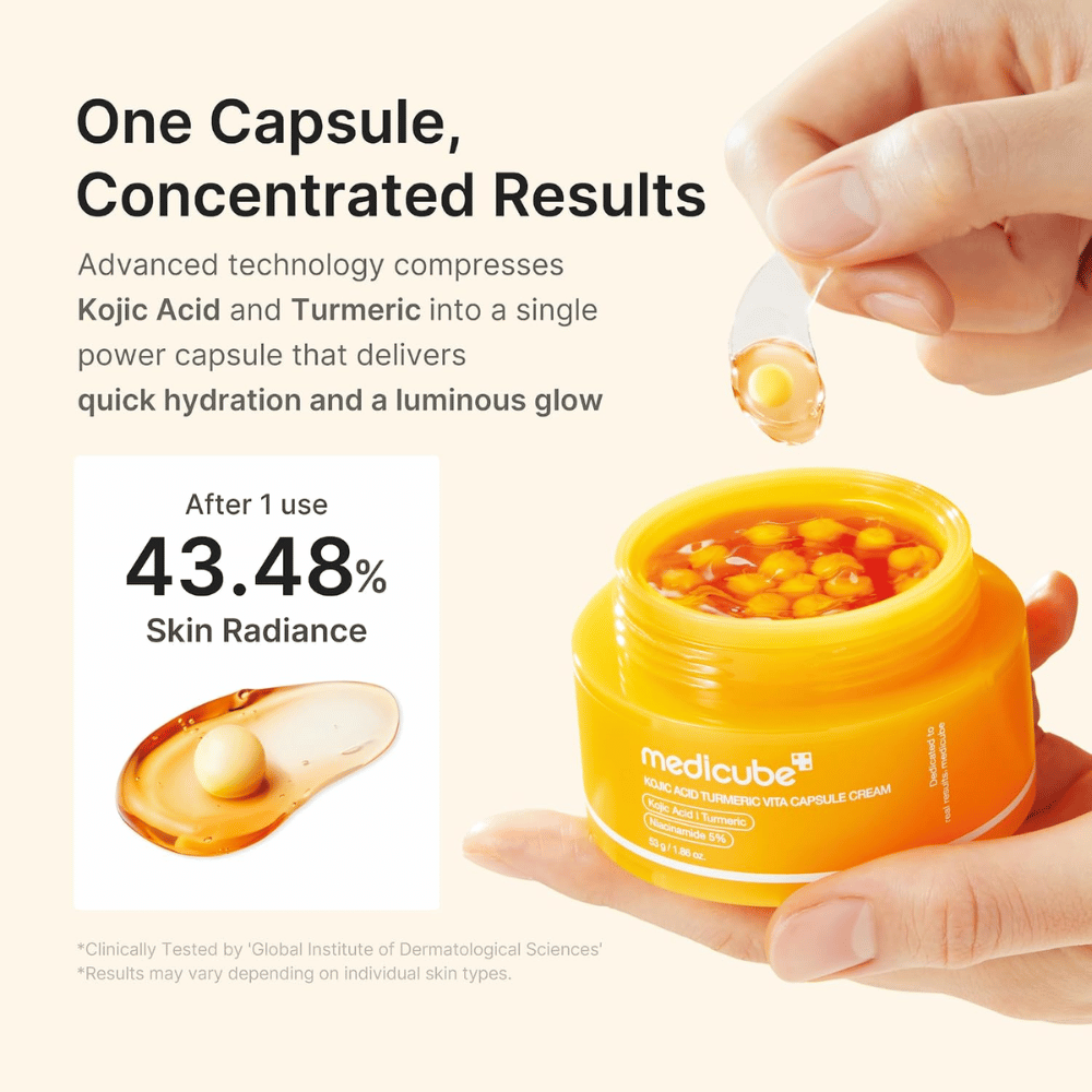 1. Medicube Kojic Acid Turmeric Vita Capsule Cream – crema viso con capsule concentrate per idratazione e maggiore luminosità