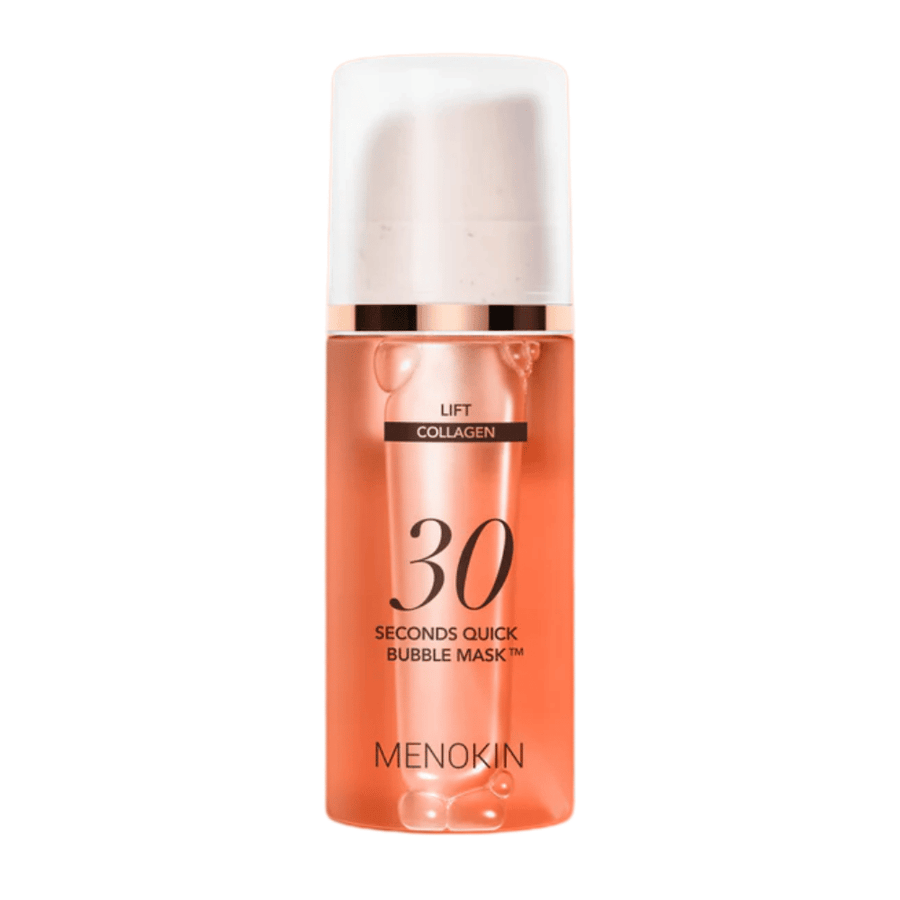 Immagine prodotto scontornata di MENOKIN LIFT 30 Seconds Quick Bubble Mask che mostra chiaramente il design arancione elegante e il packaging con dispenser a pompa.