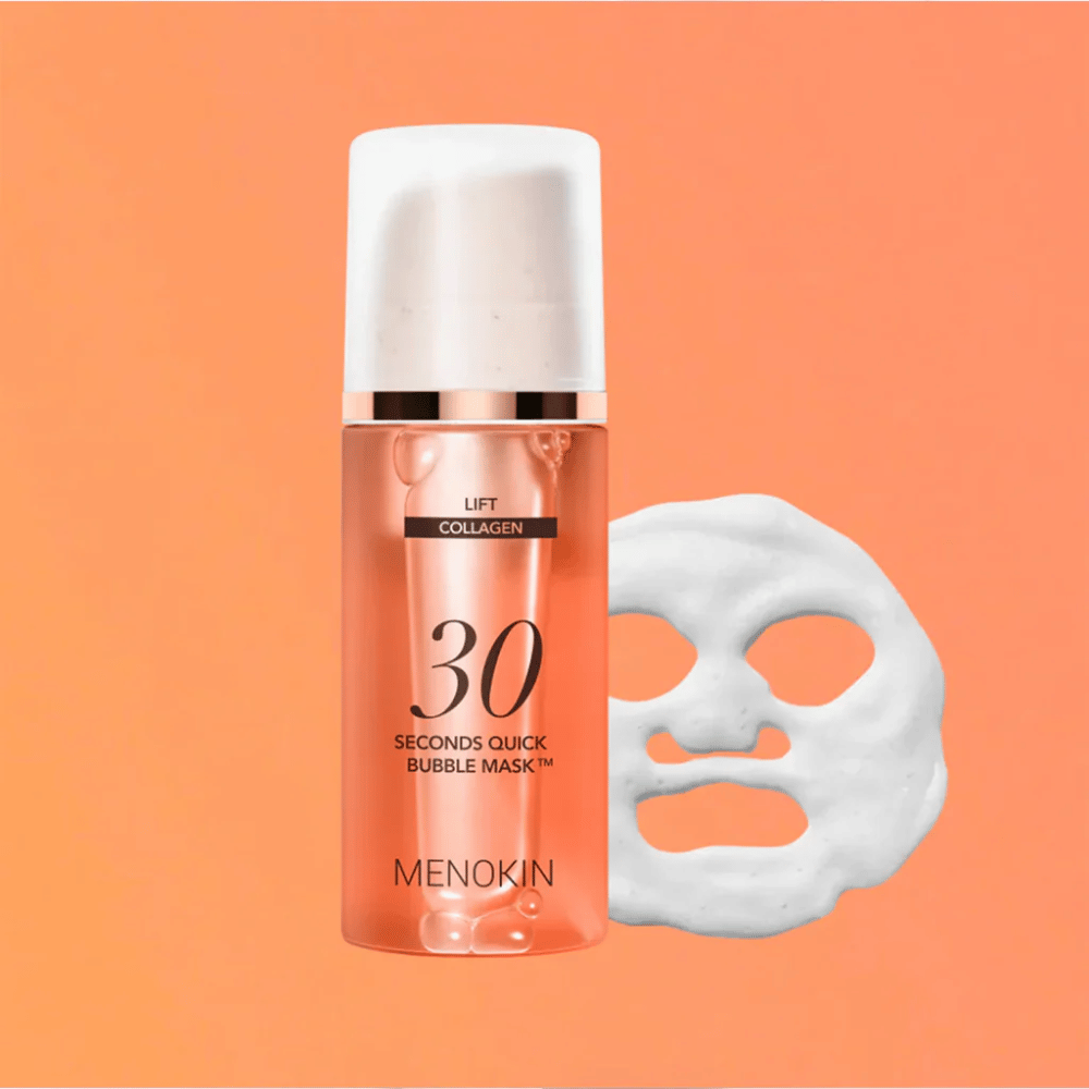Immagine prodotto di MENOKIN LIFT 30 Seconds Quick Bubble Mask con sfondo arancione e forma di maschera in schiuma che simboleggia una maschera viso rapida ed efficace in soli 30 secondi.