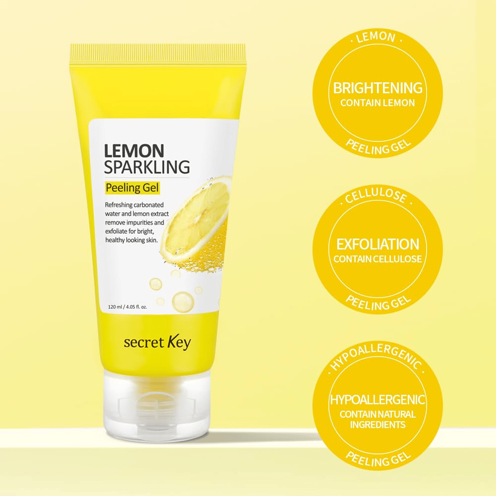 Secret Key Lemon Sparkling Peeling Gel – contiene limone e cellulosa per esfoliare, illuminare e ammorbidire la pelle, delicato sulla pelle sensibile.