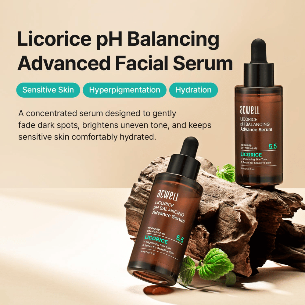Immagine promozionale per Acwell Licorice pH Balancing Advance Serum con focus su pelle sensibile, iperpigmentazione e idratazione.