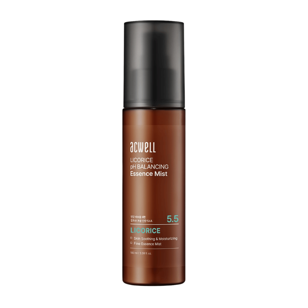 Immagine del prodotto Acwell Licorice pH Balancing Essence Mist in flacone spray marrone. Mist idratante essenza viso con estratto di liquirizia e pH bilanciato per la pelle di 5,5 che aiuta a lenire e rinfrescare la pelle.