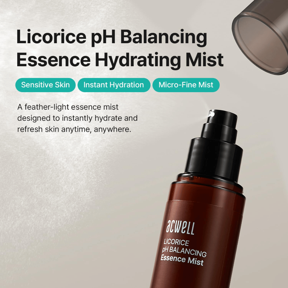 Acwell Licorice pH Balancing Essence Mist con focus sulla pelle sensibile, sull’idratazione intensa e sulla tecnologia spray microfine. Mist rinfrescante essenza viso che idrata la pelle in qualsiasi momento della giornata.
