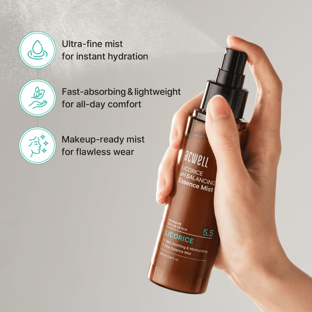 Acwell Licorice pH Balancing Essence Mist viene spruzzato come una mist finemente nebulizzata. Formula leggera che si assorbe rapidamente, dona idratazione immediata e funziona sia con che senza trucco.