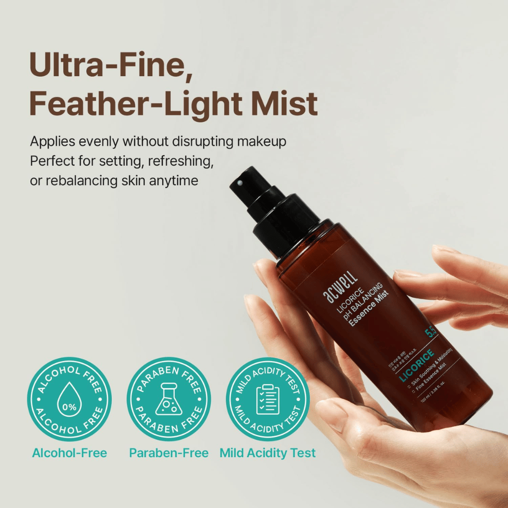 Acwell Licorice pH Balancing Essence Mist viene tenuto in mano e spruzzato come una mist ultrafine. L’immagine mette in risalto la formula senza alcol e senza parabeni, nonché il pH delicato sulla pelle adatto alla pelle sensibile.