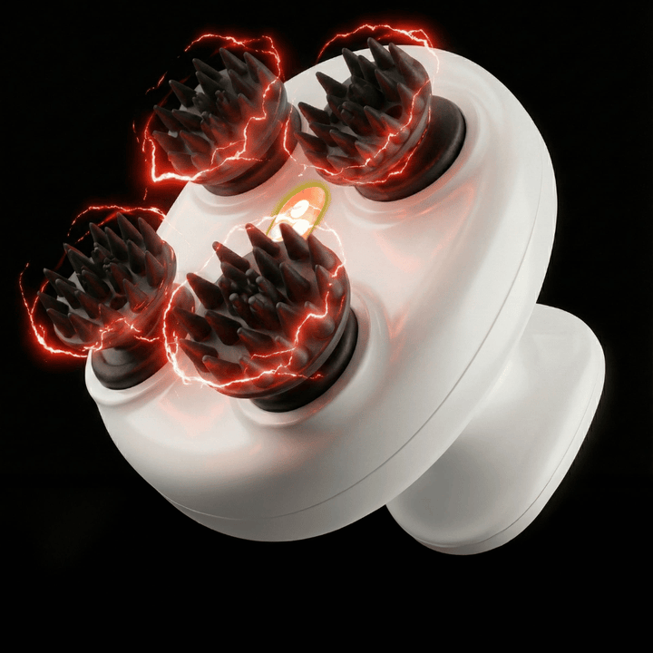 Immagine del prodotto di Beaund Lift Head Spa su sfondo bianco. Il dispositivo massaggiante senza fili è mostrato chiaramente con il suo design moderno e le sue quattro testine massaggianti in silicone.