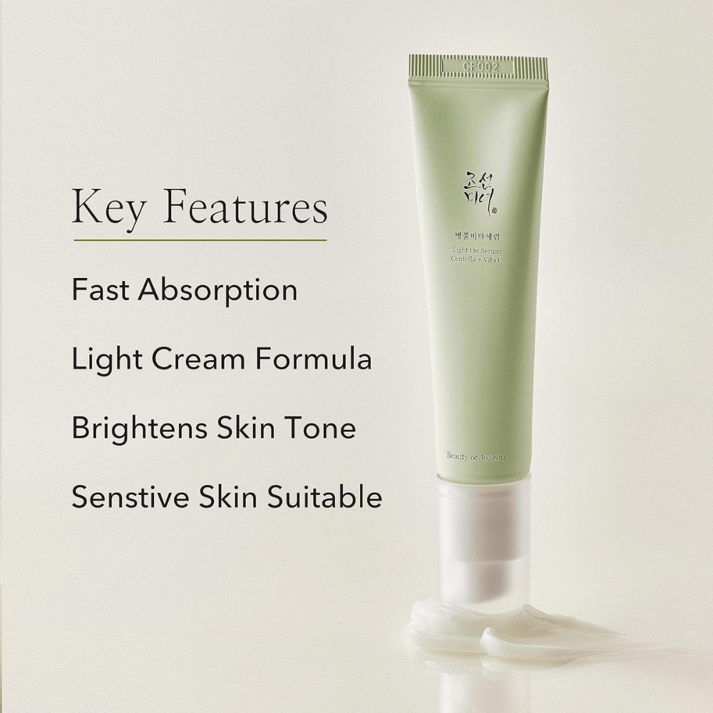 Beauty of Joseon Light On Serum con Centella e vitamina C, mostrato in piedi con crema spremuta alla base. Le caratteristiche chiave elencate accanto: assorbimento rapido, formula crema leggera, miglioramento del tono della pelle e adatto per pelle sensibile.