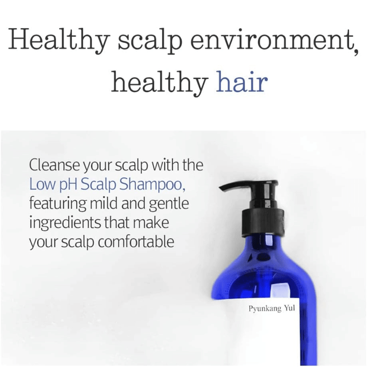 Immagine informativa che mette in evidenza Pyunkang Yul Low pH Scalp Shampoo e la sua formula delicata per un ambiente del cuoio capelluto equilibrato e sano.