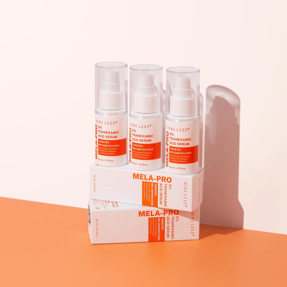 Tre NINE LESS MELA-PRO 5% Tranexamic Acid Serum 30 ml, siero illuminante con niacinamide e glutatione per la pelle ricca di melanina.