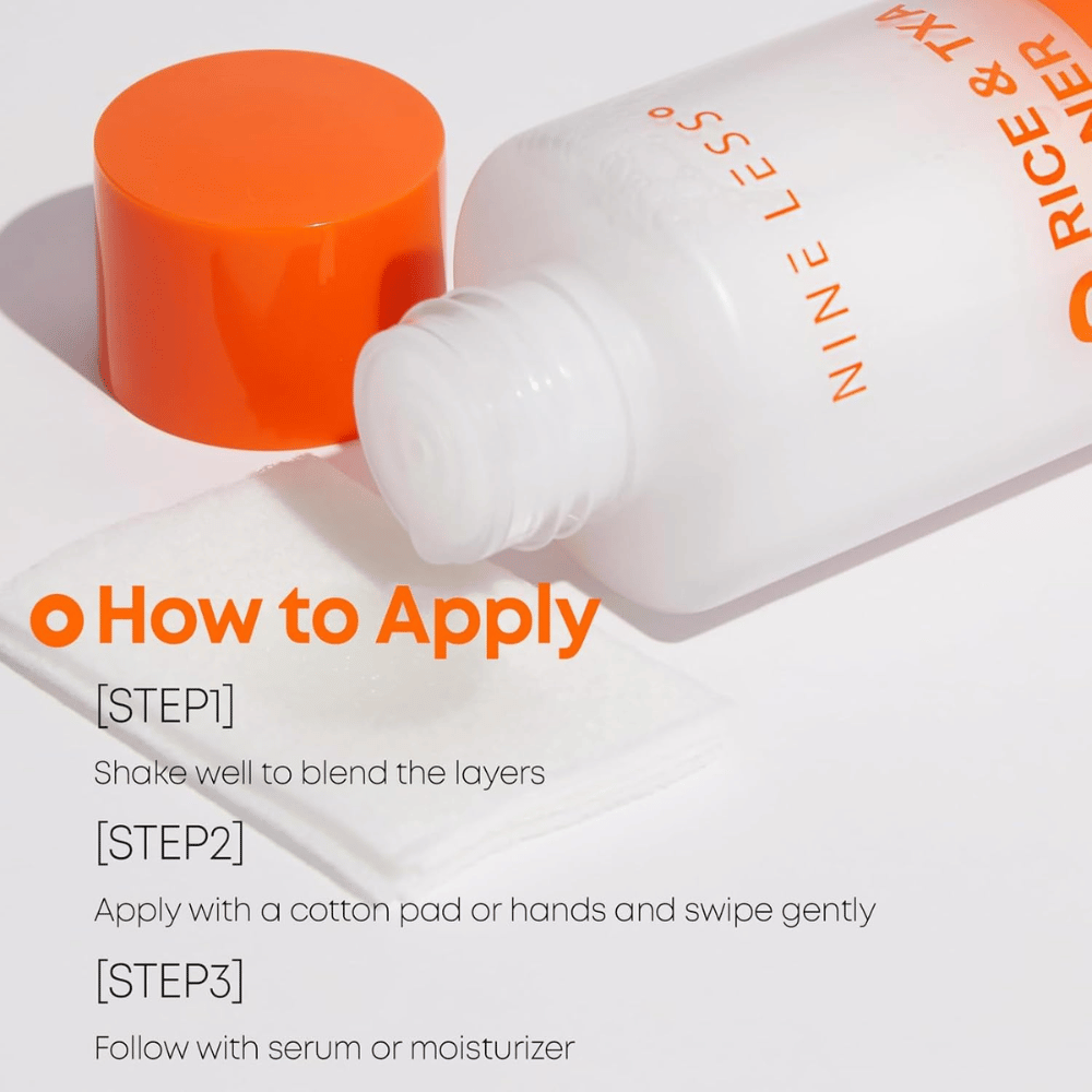 1. NINE LESS MELA-PRO Rice & TXA Toner – istruzioni per l’uso del tonico per il viso da agitare prima dell’applicazione con un dischetto di cotone o con le mani