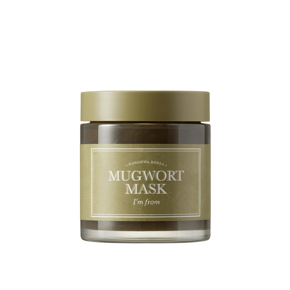 Immagine del prodotto di I'm From Mugwort Mask - un maschera viso verde in barattolo di vetro con coperchio e etichetta verde oliva, fotografato su sfondo bianco.