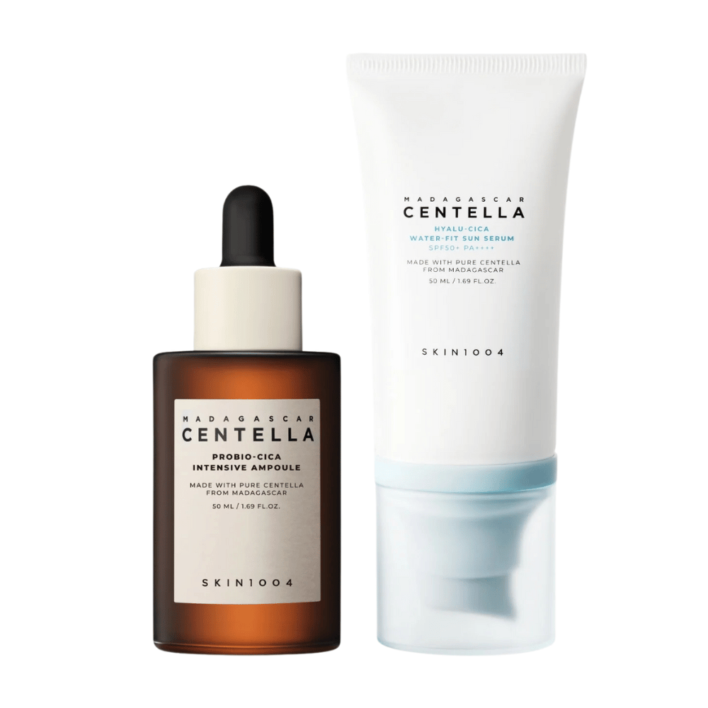 Due prodotti per la cura della pelle da SKIN1004 sono mostrati: una fiala e un siero solare, entrambi contenenti centella del Madagascar.