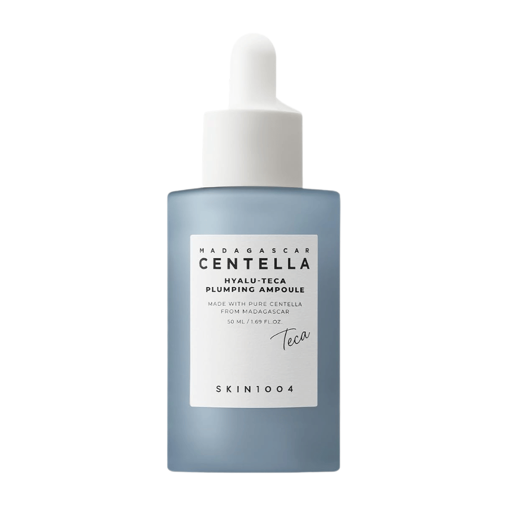 6. SKIN1004 Madagascar Centella Hyalu-Teca Plumping Ampoule 50 ml – fiala viso idratante in flacone blu con contagocce