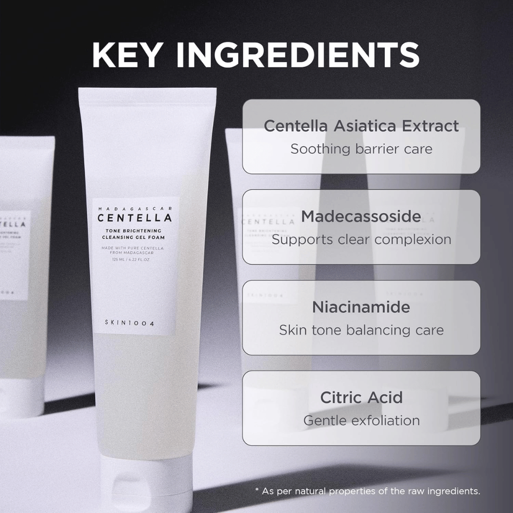 Immagine che evidenzia gli ingredienti chiave del prodotto e le loro funzioni. Gli ingredienti sono presentati in un layout chiaro e moderno, con focus sulle proprietà lenitive e benefiche per la pelle.