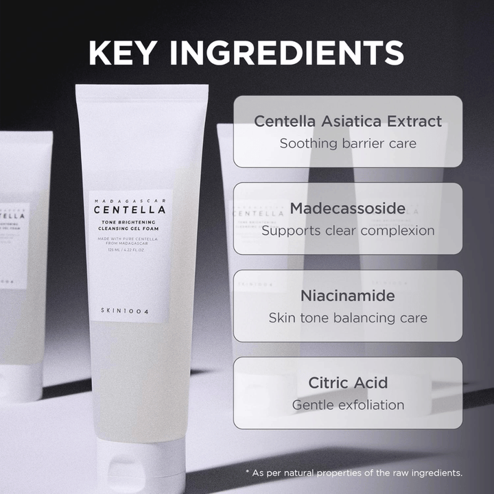 Immagine che evidenzia gli ingredienti chiave del prodotto e le loro funzioni. Gli ingredienti sono presentati in un layout chiaro e moderno, con focus sulle proprietà lenitive e benefiche per la pelle.