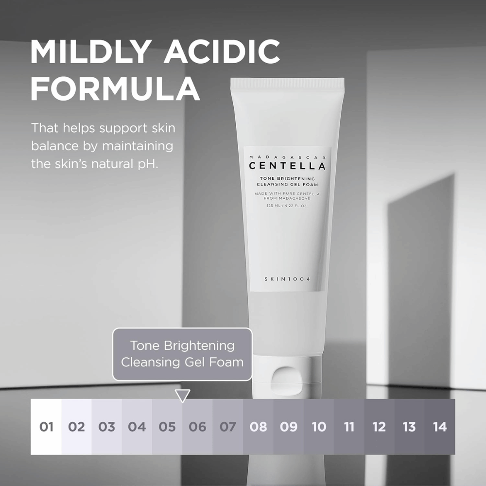 Immagine informativa che descrive la formula delicatamente acida del prodotto (pH basso). L'immagine sottolinea come la detersione aiuti a preservare l'equilibrio naturale della pelle, detergendola efficacemente allo stesso tempo.