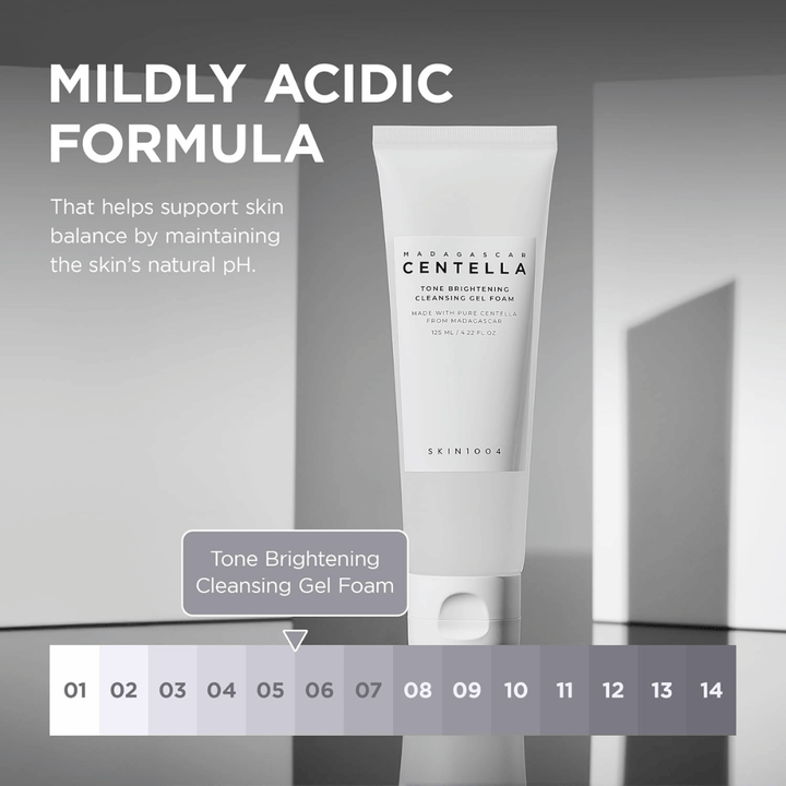 Immagine informativa che descrive la formula delicatamente acida del prodotto (pH basso). L'immagine sottolinea come la detersione aiuti a preservare l'equilibrio naturale della pelle, detergendola efficacemente allo stesso tempo.