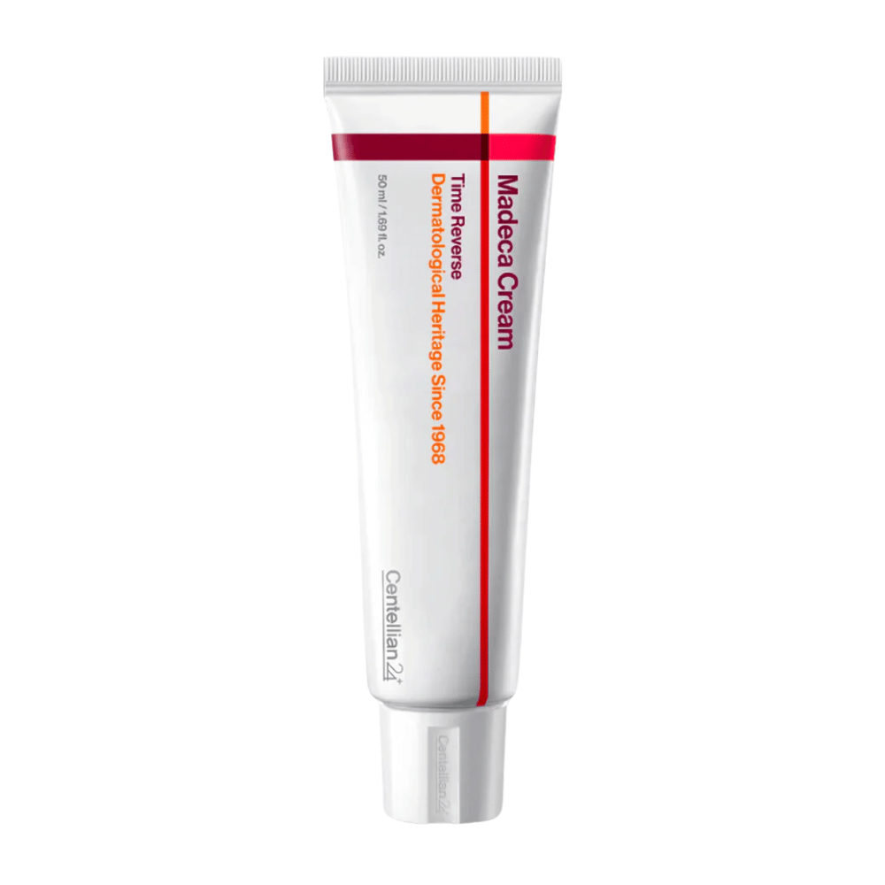 Immagine del prodotto di Centellian24 Madeca Cream Time Reverse in tubo su sfondo bianco, una crema viso riparatrice con centella asiatica che rafforza la barriera cutanea e adatta per pelli sensibili.