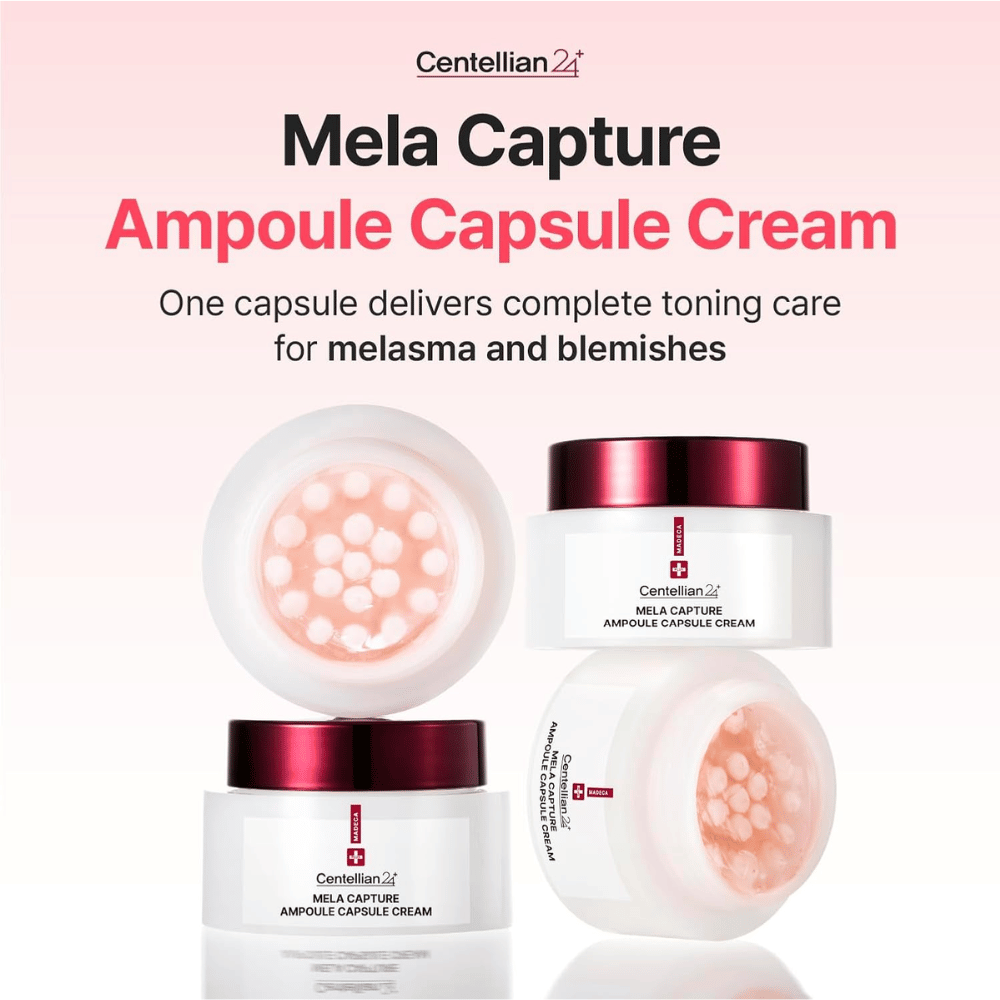 Immagine del prodotto di Centellian24 Madeca Mela Capture Ampoule Capsule Cream con focus sulle capsule di ampolla e sulla formula sviluppata per prendersi cura del tono della pelle non uniforme e della pigmentazione.