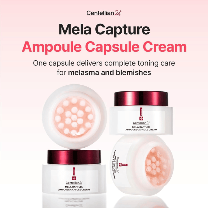 Immagine del prodotto di Centellian24 Madeca Mela Capture Ampoule Capsule Cream con focus sulle capsule di ampolla e sulla formula sviluppata per prendersi cura del tono della pelle non uniforme e della pigmentazione.