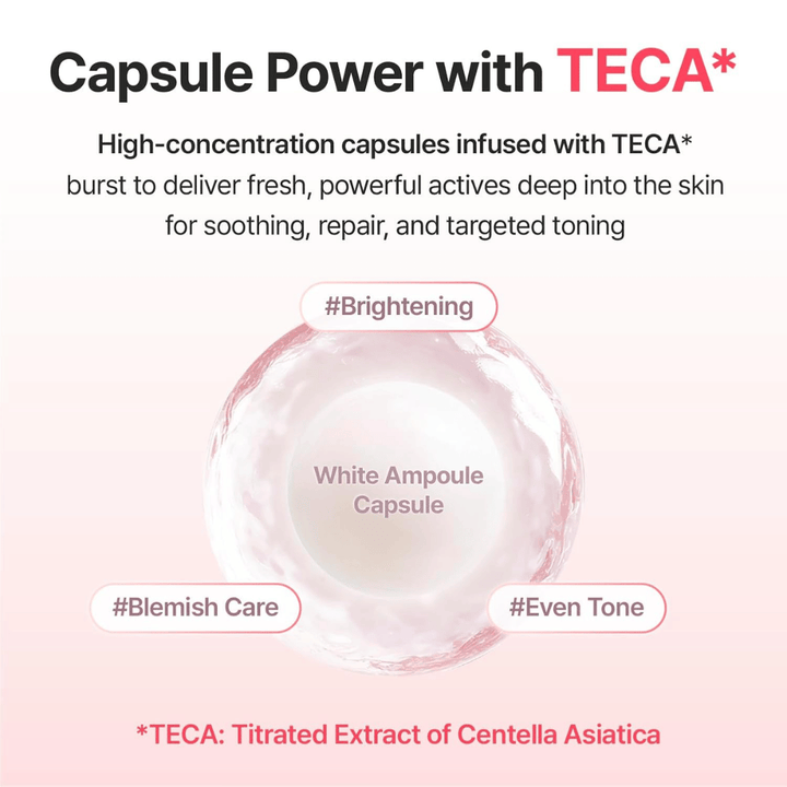 Immagine degli ingredienti che mostra capsule di ampolla arricchite con TECA (estratto di Centella Asiatica) per aiutare a donare luminosità, un tono della pelle più uniforme e il trattamento delle macchie pigmentarie.