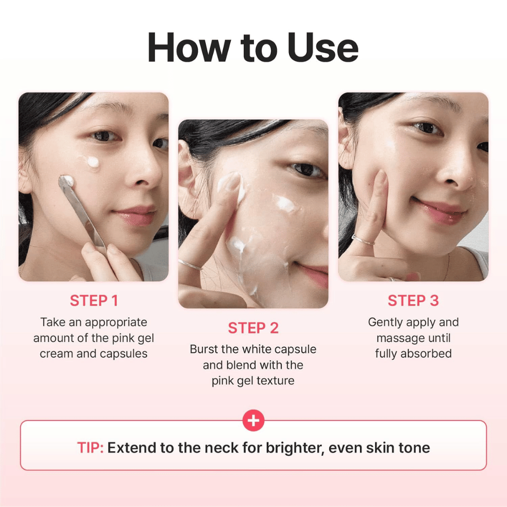 Guida passo dopo passo che mostra come applicare Centellian24 Madeca Mela Capture Ampoule Capsule Cream mescolando le capsule con la crema gel e massaggiando fino al completo assorbimento del prodotto.