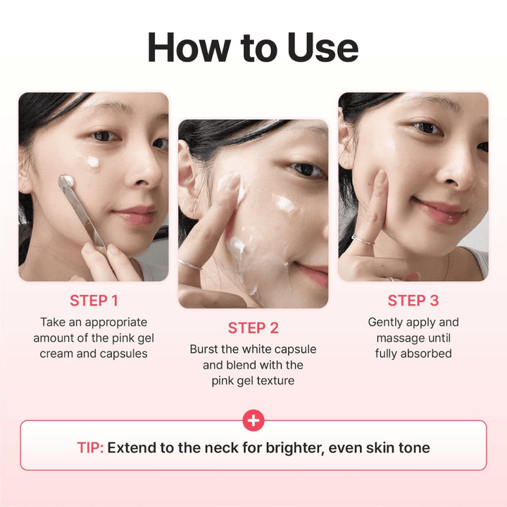 Guida passo dopo passo che mostra come applicare Centellian24 Madeca Mela Capture Ampoule Capsule Cream mescolando le capsule con la crema gel e massaggiando fino al completo assorbimento del prodotto.