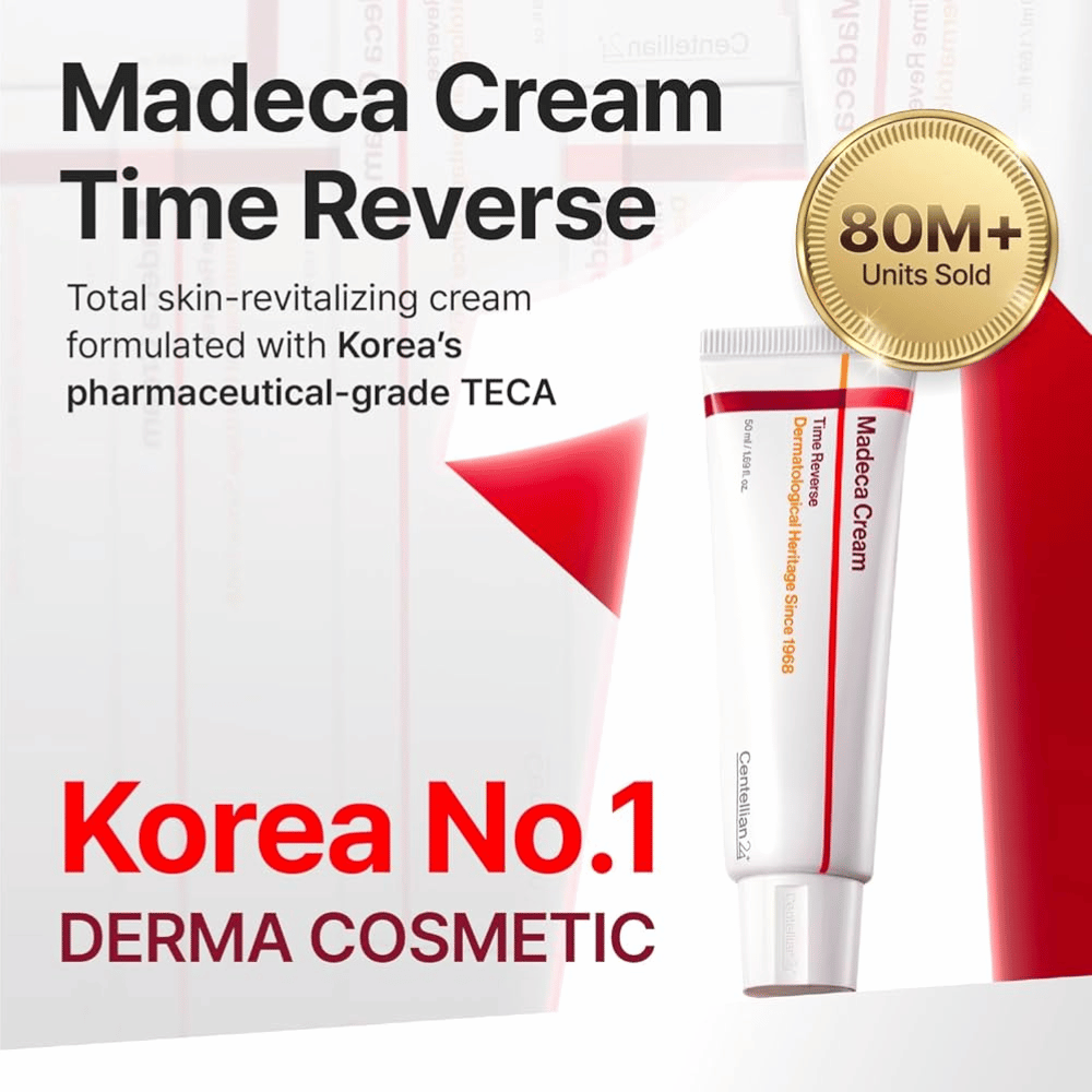 Centellian24 Madeca Cream Time Reverse presentata come la crema derma leader in Corea con TECA, oltre 80 milioni di unità vendute e focus sul rinnovamento della pelle e sul rafforzamento della barriera.