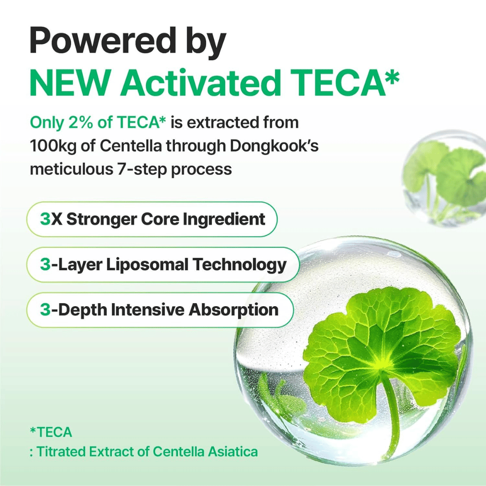 Grafica che spiega Activated TECA da Centella Asiatica in Centellian24 Madeca Cream, con tecnologia liposomiale che fornisce assorbimento profondo e rafforza la capacità riparatrice della pelle.