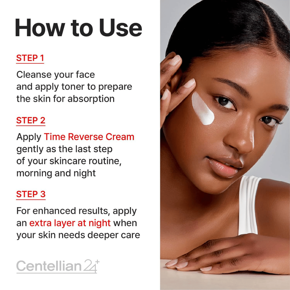 Immagine istruttiva che mostra come Centellian24 Madeca Cream Time Reverse viene utilizzata nella routine di cura della pelle – applicata come ultimo passaggio mattina e sera per lenire, rafforzare e rigenerare la pelle.