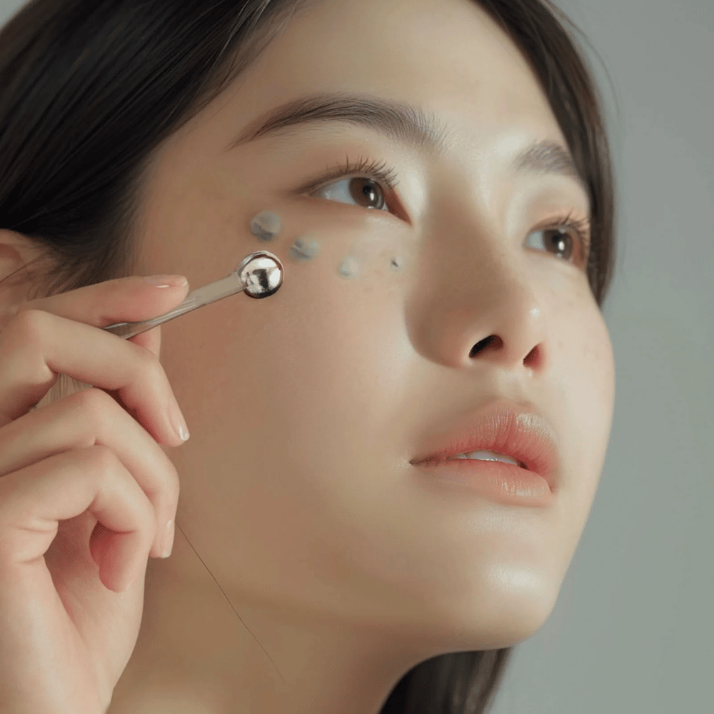 Donna applica Heimish Marine Care Algae + Peptide Eye Cream sotto l'occhio con un applicatore metallico per un effetto rinfrescante e refrigerante. La crema aiuta a idratare e ridurre i segni dell'età intorno agli occhi.
