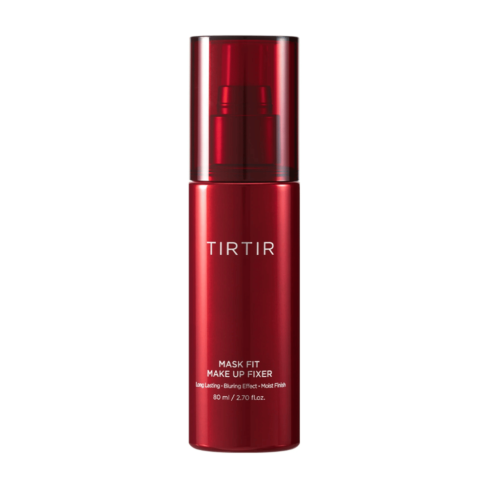 Una bottiglia rossa TIRTIR Mask Fit Make Up Fixer su sfondo bianco, progettata per una fissazione del trucco di lunga durata con effetto opacizzante e finitura idratante.