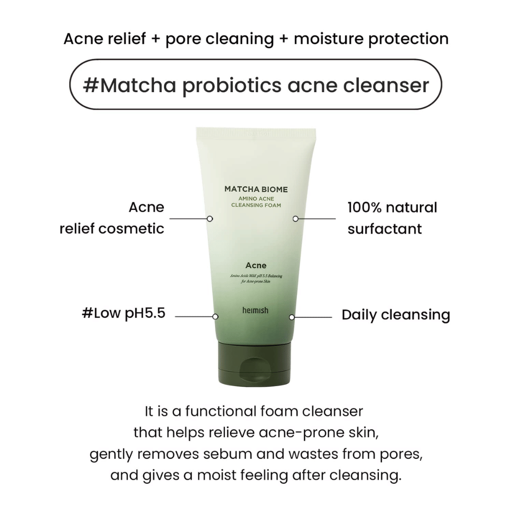 Heimish Matcha Biome Amino Acne Cleansing Foam low pH 5.5 – detergente per acne che pulisce i pori, riduce il sebo e idrata la pelle