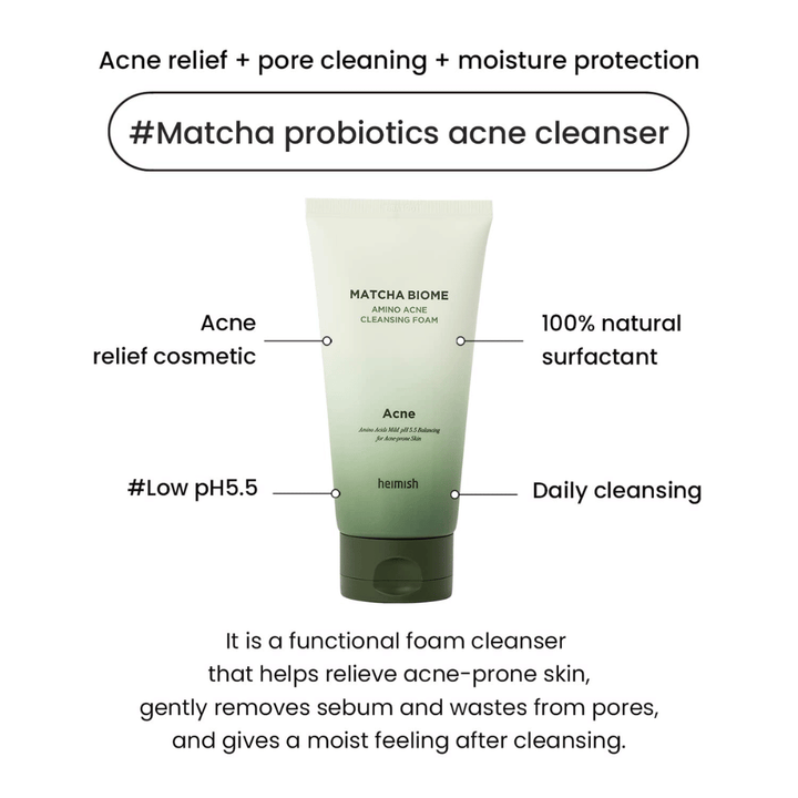Heimish Matcha Biome Amino Acne Cleansing Foam low pH 5.5 – detergente per acne che pulisce i pori, riduce il sebo e idrata la pelle