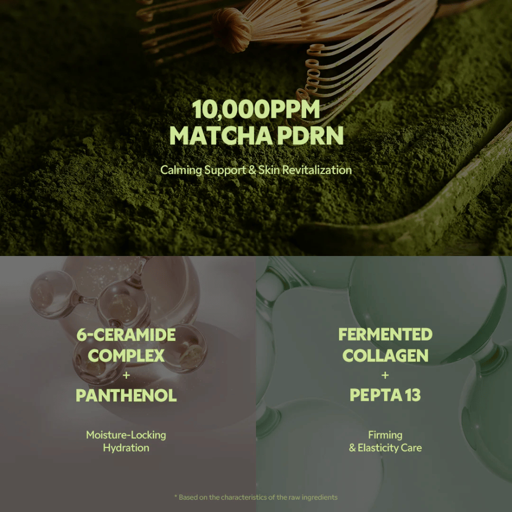 Abbina PDRN 10 000 ppm in TIRTIR Matcha Calming Cream che lenisce l’irritazione, rafforza la pelle e dona un effetto rivitalizzante.