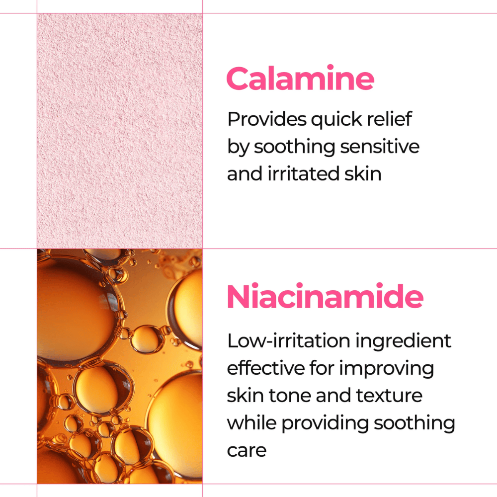 Primo piano di calamina e niacinamide che calmano la pelle sensibile in Dr. Melaxin Melting Cleanser