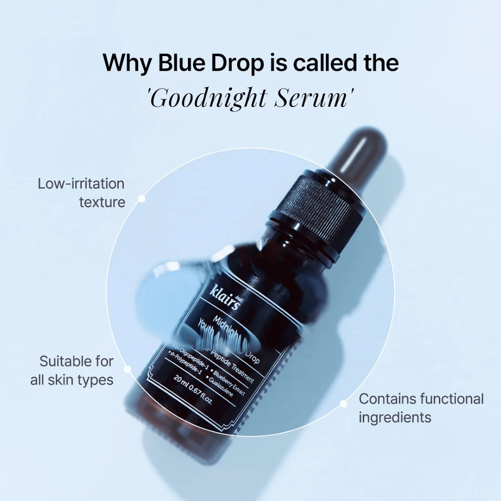 Klairs Midnight Blue Youth Activating Drop, chiamato anche 'Goodnight Serum', in un'elegante bottiglia nera con pipetta. Il testo sull'immagine sottolinea la sua texture a bassa irritazione, gli ingredienti funzionali e l'idoneità per tutti i tipi di pelle.