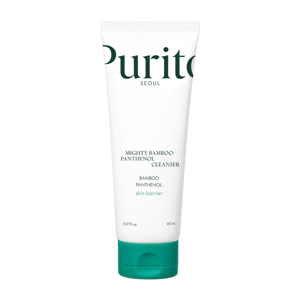 Purito Mighty Bamboo Panthenol Cleanser – un detergente viso delicato, vegano con bambù e pantenolo che rinforza la barriera cutanea e deterge senza seccare.