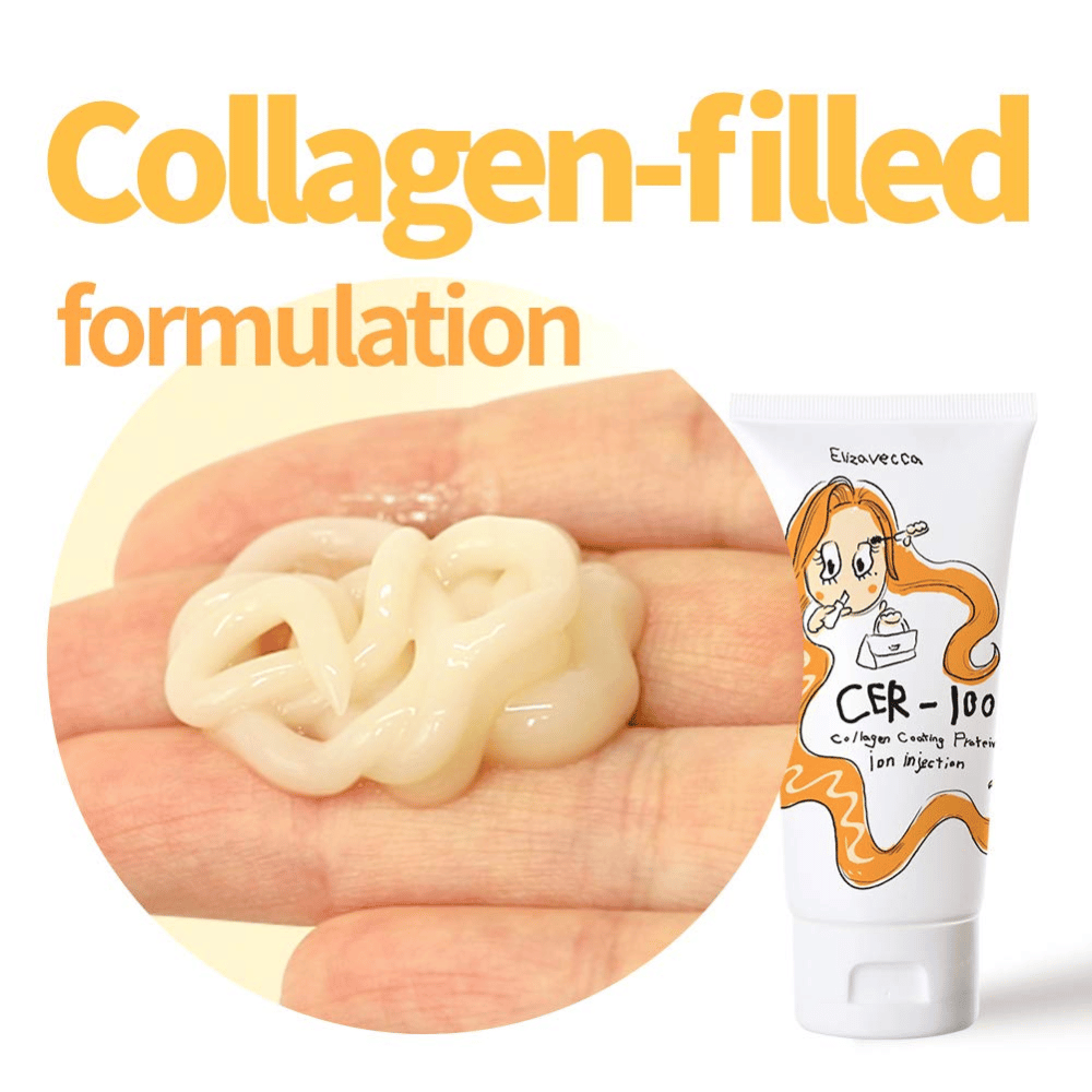 Primo piano di un trattamento per capelli cremoso con formula al collagene insieme al tubo del prodotto di Elizavecca.