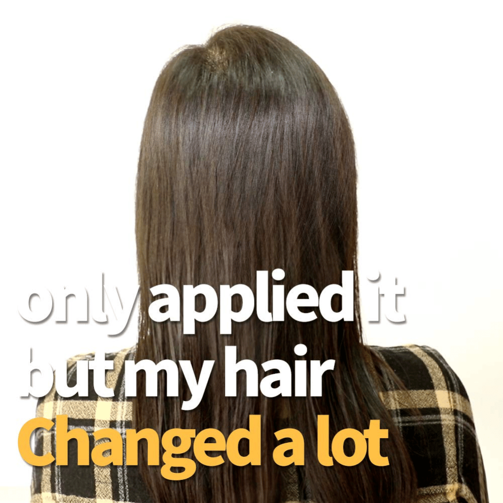 Immagine prima e dopo che mostra capelli più morbidi e lucenti dopo l'uso del trattamento per capelli.