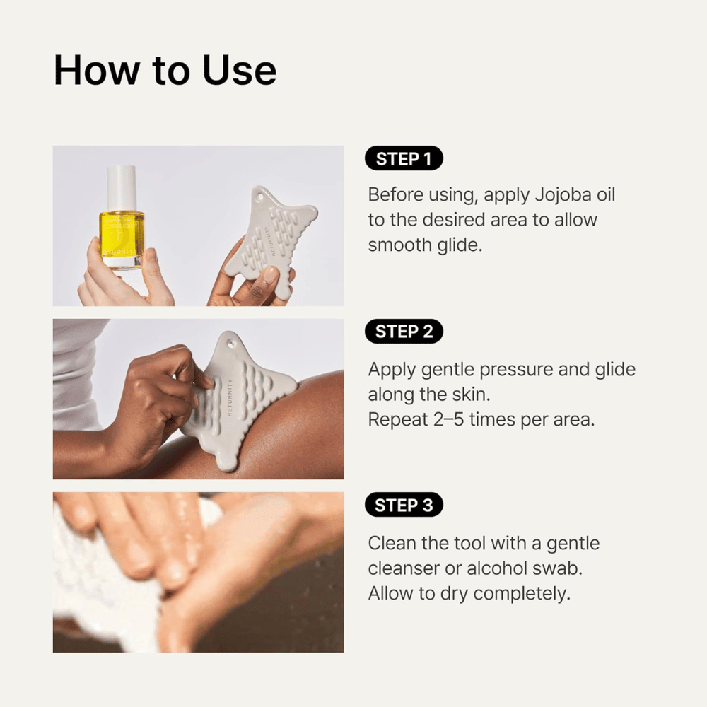 Immagine illustrativa che mostra come RETURNITY Mini Guasha viene utilizzato insieme all'olio di jojoba per un massaggio fluido e la pulizia dopo l'uso.