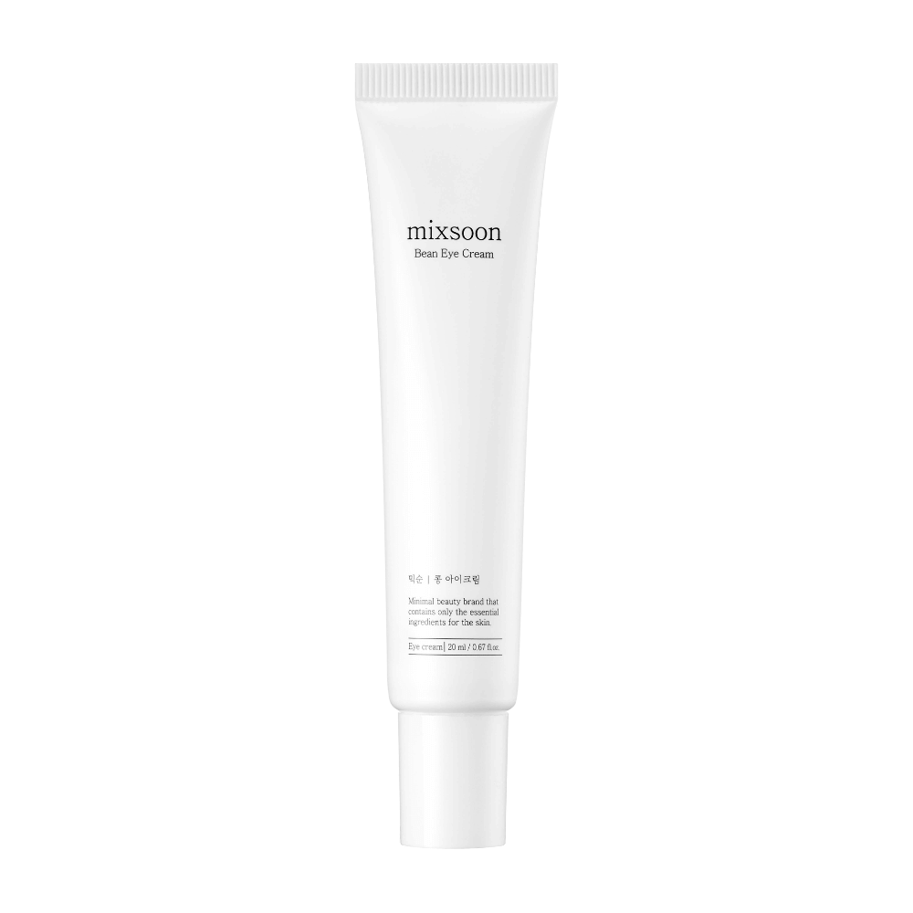 Un tubo bianco crema contorno occhi da Mixsoon, contrassegnato 'Bean Eye Cream', su uno sfondo completamente bianco.