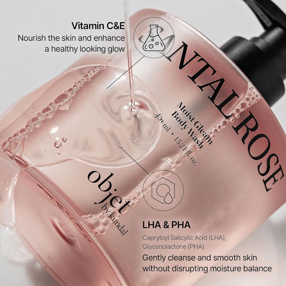 Objet by KUNDAL Santal Rose Moist Gleam Body Wash con vitamine C ed E e LHA e PHA esfolianti.
