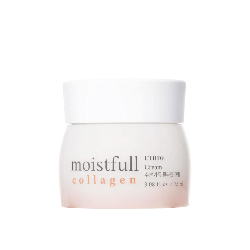 Un barattolo con "Moistfull Collagen Cream" da ETUDE, sfondo bianco.