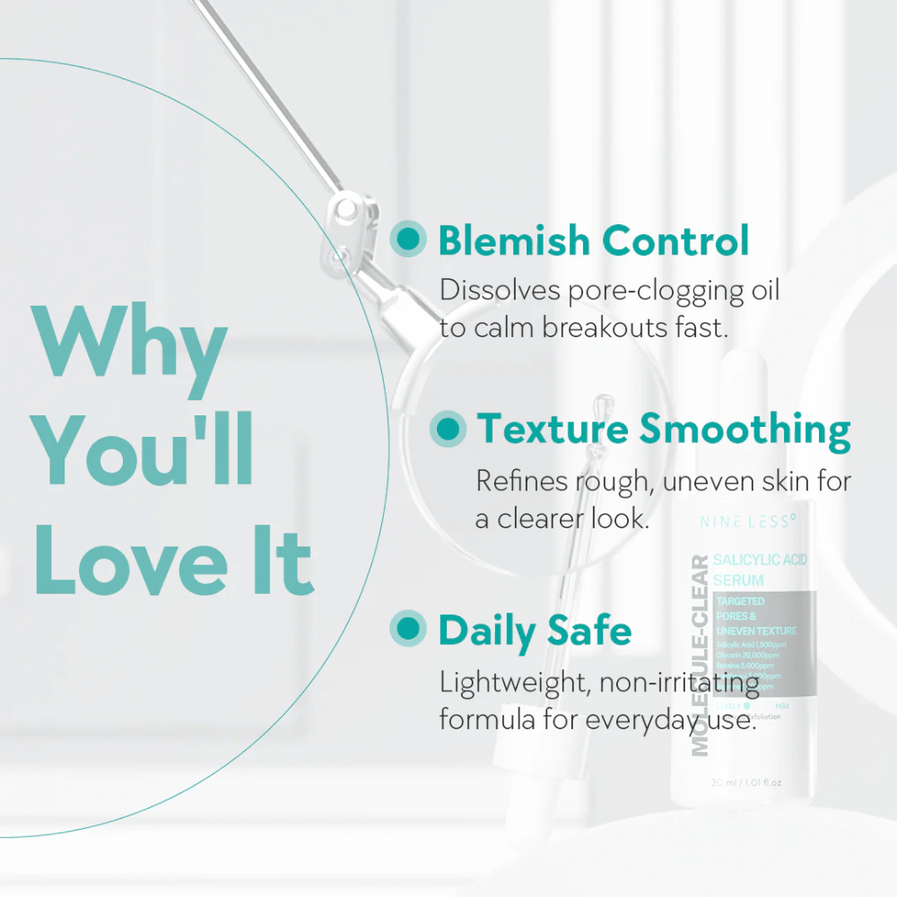 Vantaggi di Nineless Molecule-Clear Salicylic Acid Serum: controlla i brufoli sciogliendo i pori, uniforma la texture della pelle ed è sicuro per l'uso quotidiano.